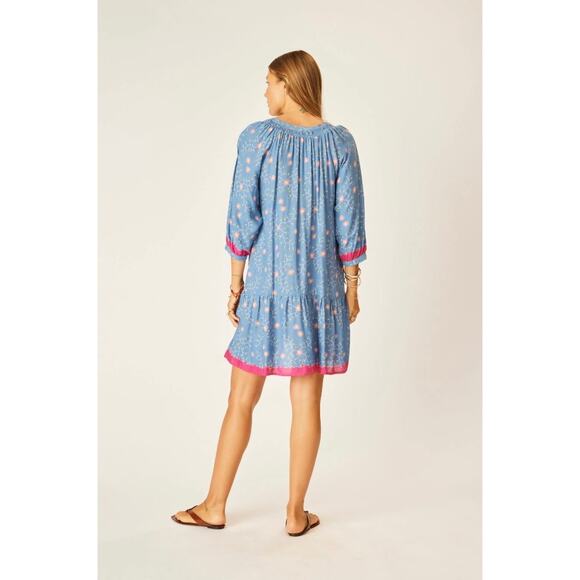 New Natalie Martin Stevie Dress Short Mini Boho Pinwheel Denim Blue Flowers XS - Picture 3 of 15
